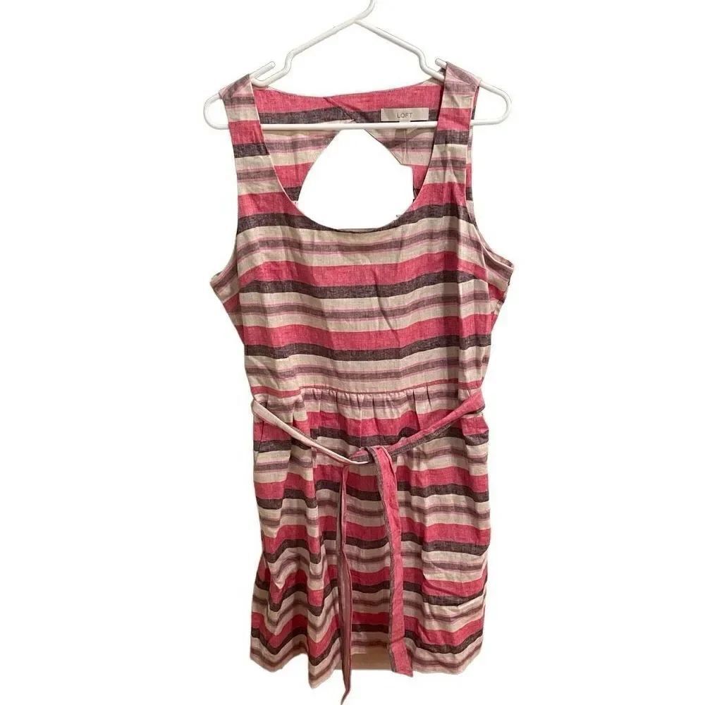 Ann Taylor LOFT Dress Womens 16 Striped Linen Blend Mini Belted Cut Out Back